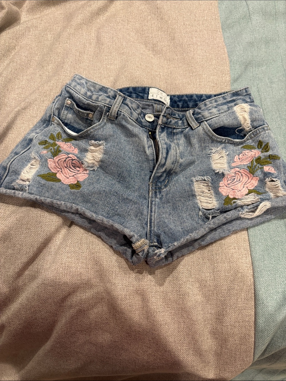 Blue Denim Jean Shorts with Pink Rose Embroidery - Women